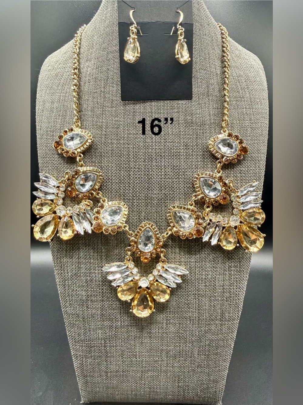 Gold-Tone Crystal Statement Necklace Set - Champagne and Clear